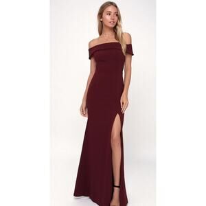 Lulus Aveline Burgundy Off‎ the Shoulder Side Slit Formal Maxi Dress Medium